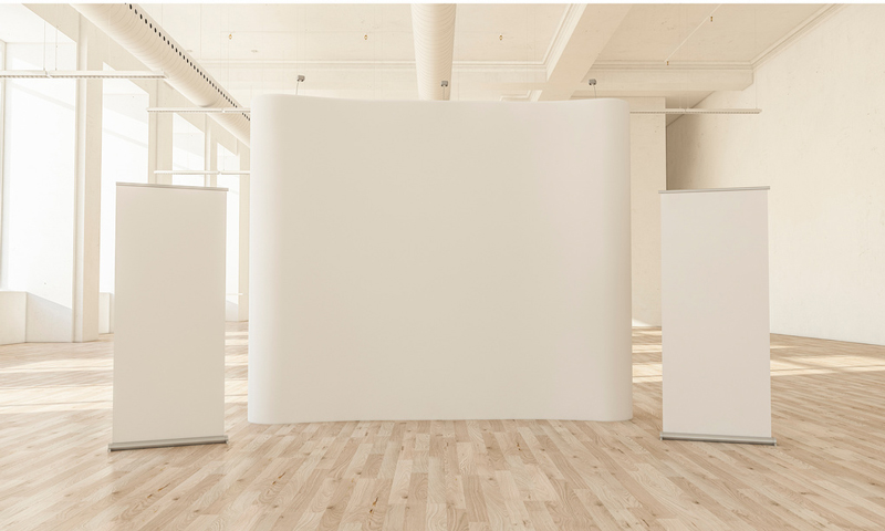 Curved Pop-Up Banner and 2 Roll-Up Banners in a Light Interior Mockup