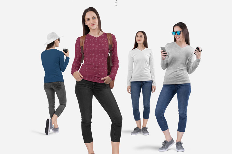 Women2527s V Neck Long Sleeve Shirt Mockup Set 4