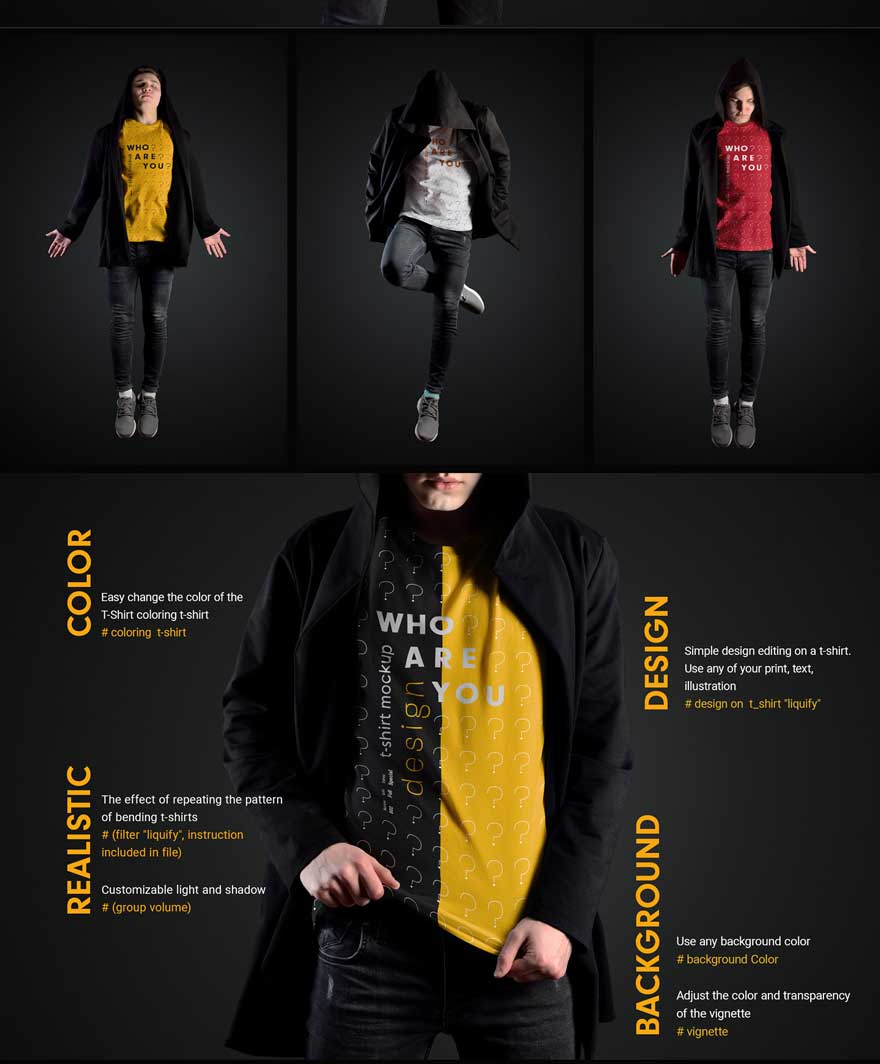 11 Mockups Man T Shirts in a Black Hood Mantle 2