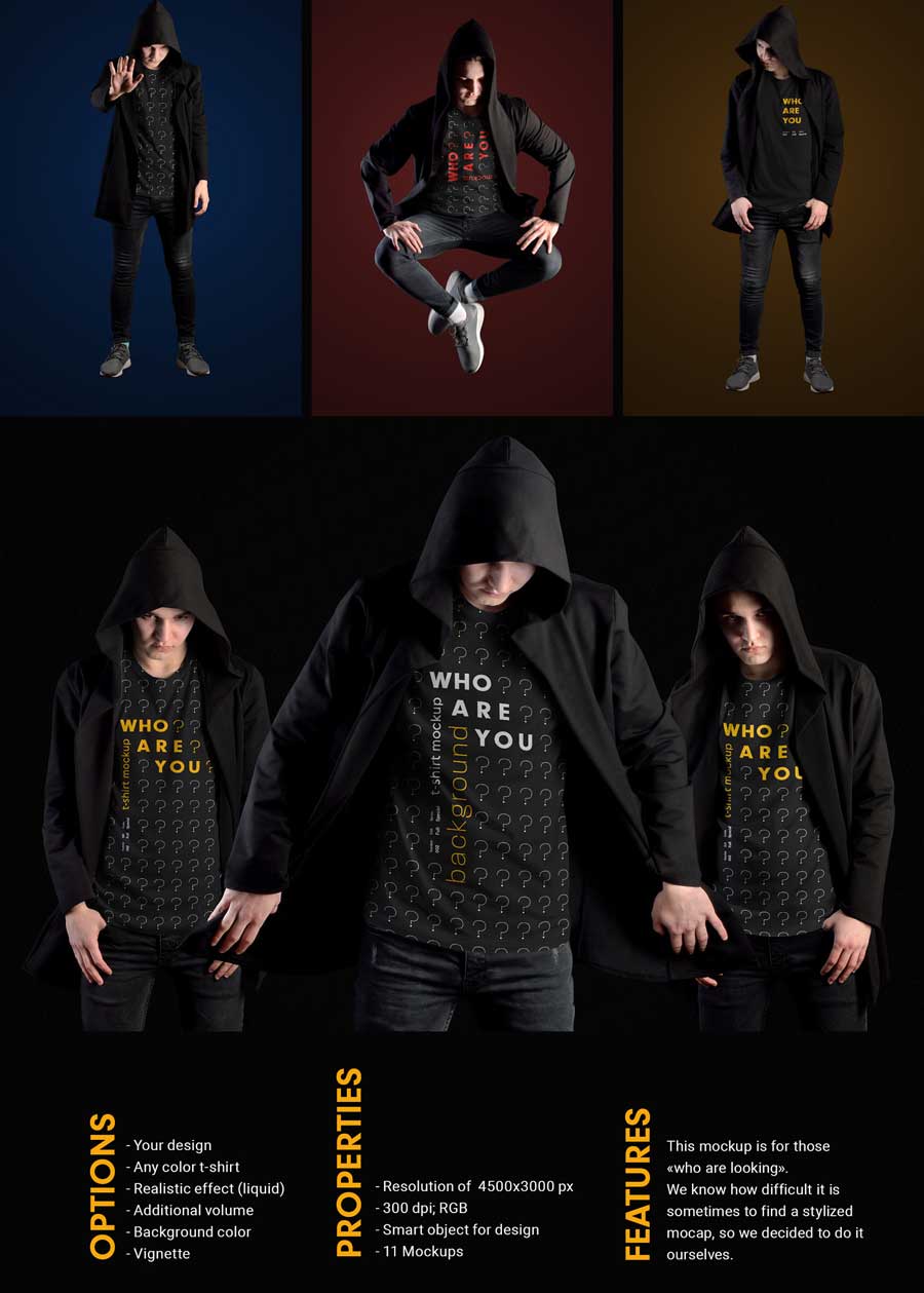 11 Mockups Man T Shirts in a Black Hood Mantle 3