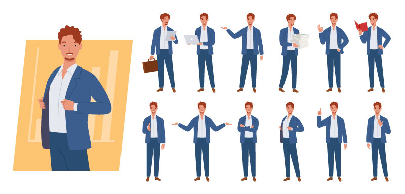 Man and Woman Character Set of Different Poses and Emotions