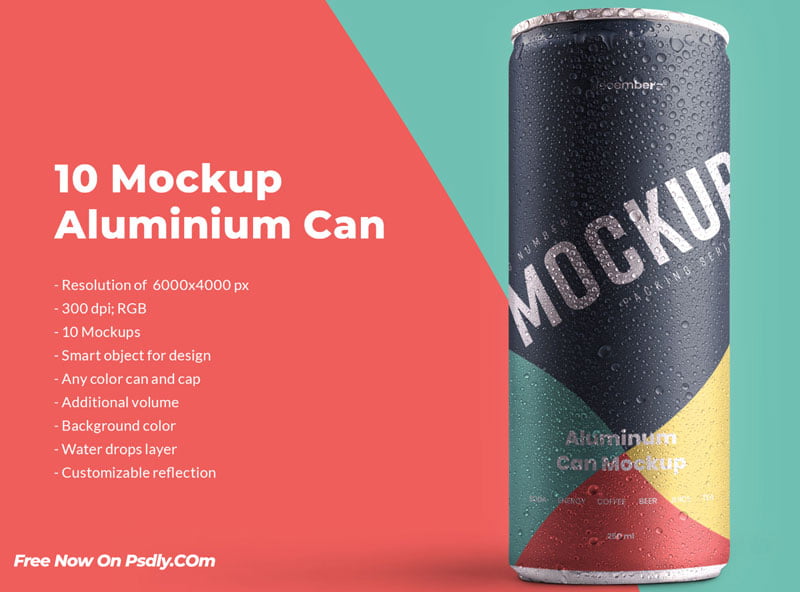 10 Mockup Aluminium Can 250 ml With Water Drops