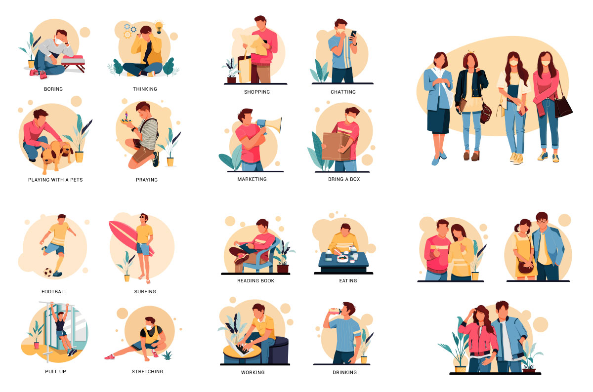 People and nature activities in different situations flat concept