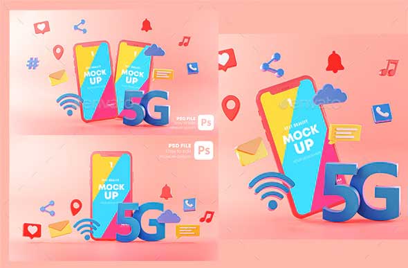 GraphicRiver - 5G Phone Concept Wifi Connection on Pink Background With Icons 3D Rendering. Mockup Template 29902902