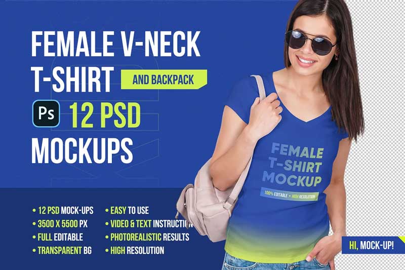 CreativeMarket Female V-Neck T-Shirt Mockup 5336811