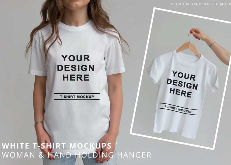 White Minimalistic T-Shirt Mockups Woman & Hanger