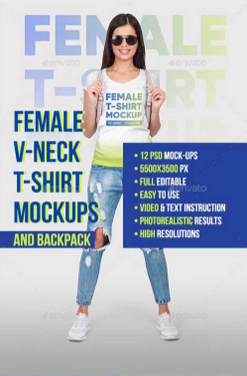 Graphicriver - 22114447 Female Vneck Tshirt And Backpack Mockups