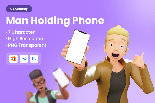 3D Man Holding Phone Mockup V.02