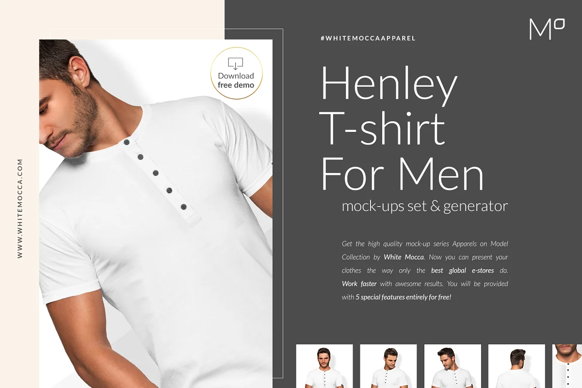CreativeMarket - Men Henley T-shirt Mockups Free demo 6390082