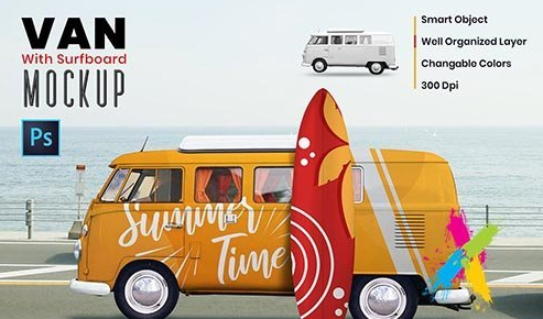CreativeMarket - Van with Surf Board Mockup 5827004