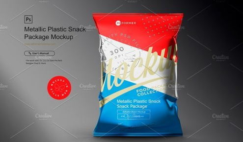 CreativeMarket - Metallic Snack Package Mockup 3668612