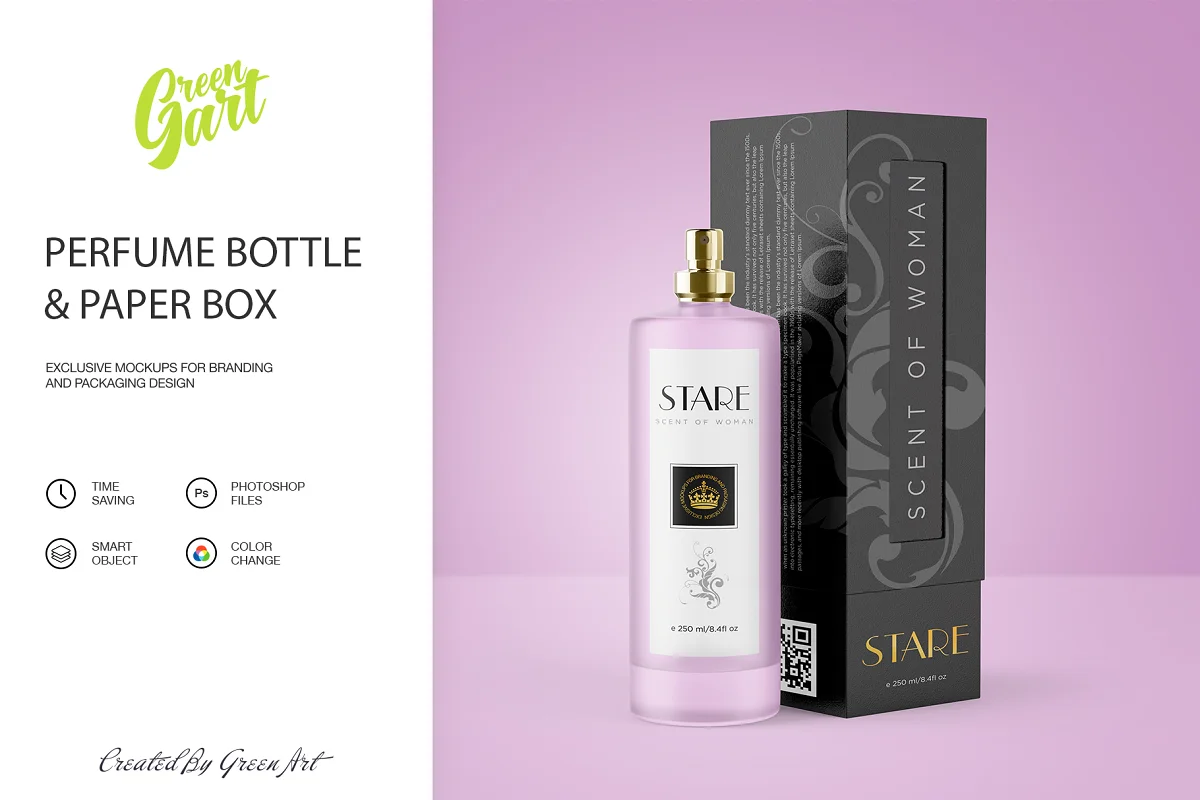 CreativeMarket - Perfume Bottle & Paper Box Mockup 2238805