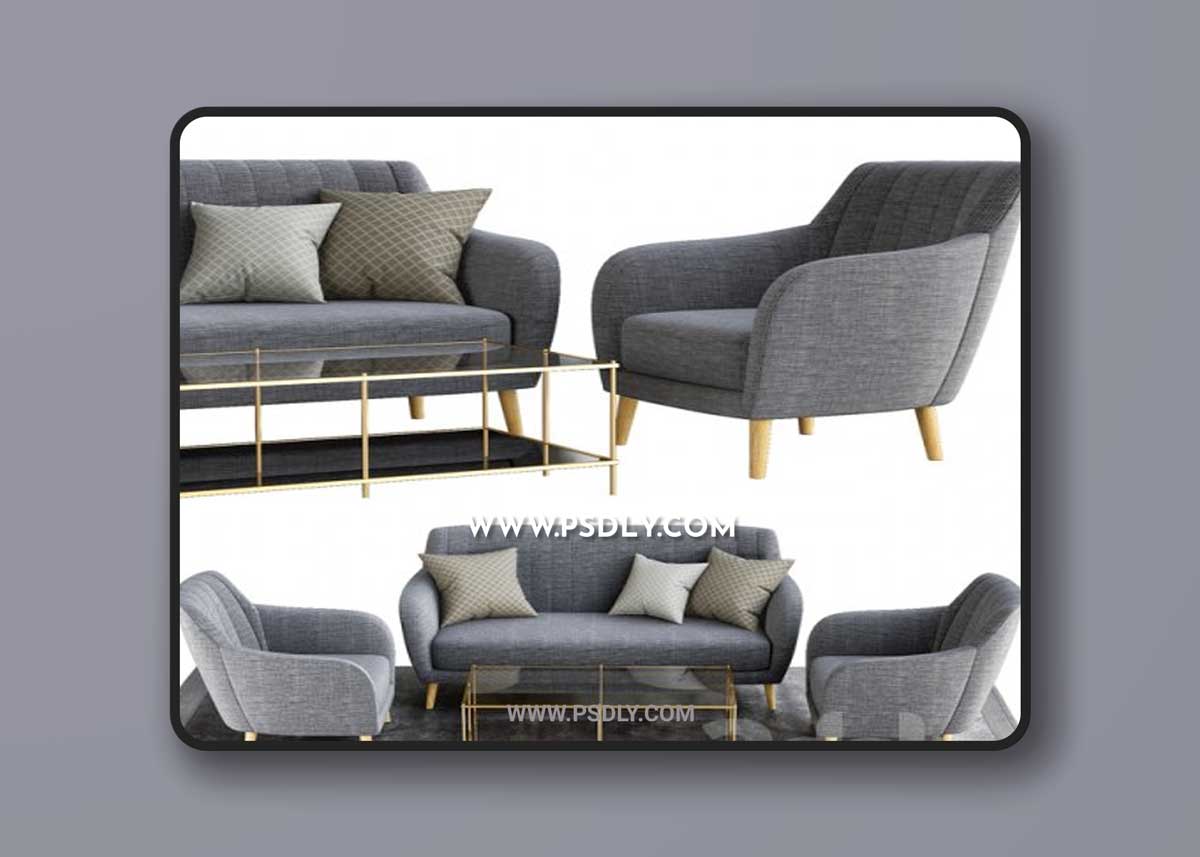 Sillon and sofa retro tela gris patas madera 3D Models