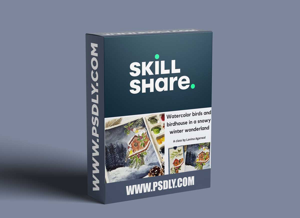 Watercolor Birds and Birdhouse in a Snowy Christmas Winter Wonderland