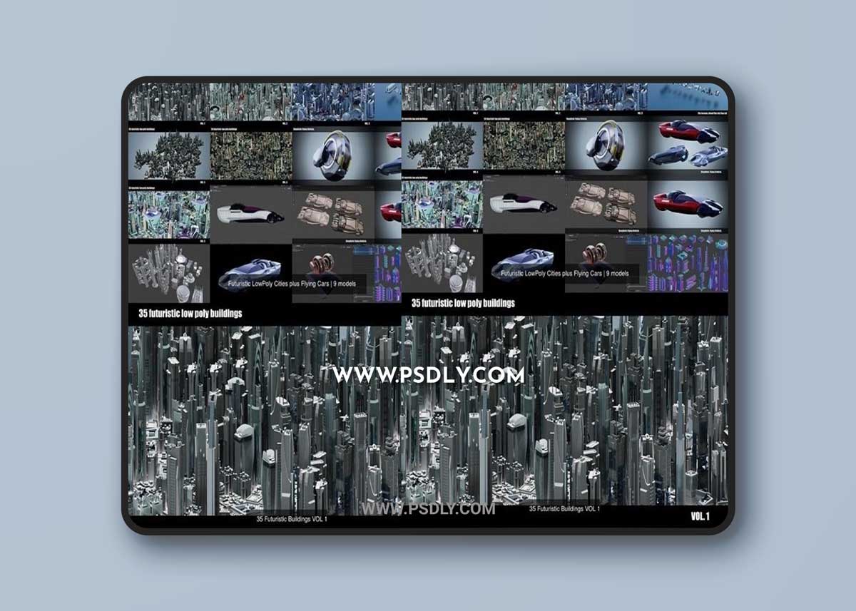 Futuristic LowPoly Cities with Flying Cars 3D Model Collection