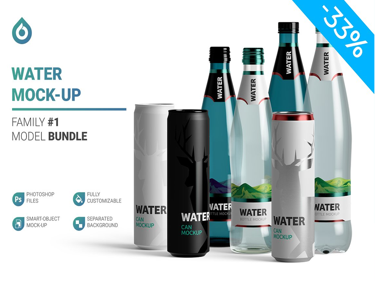 CreativeMarket - Water Bottles & Can Mockup 5789796