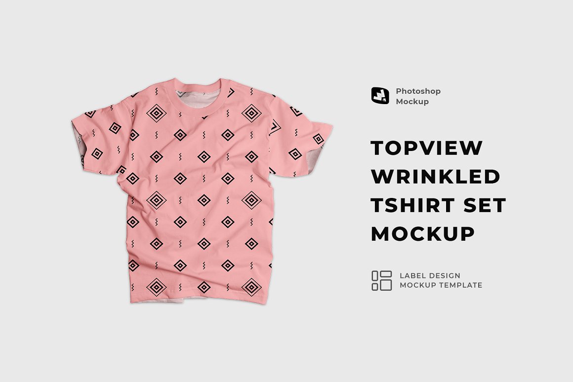 CreativeMarket - Top view Wrinkled Tshirt Set Mockup 6932498