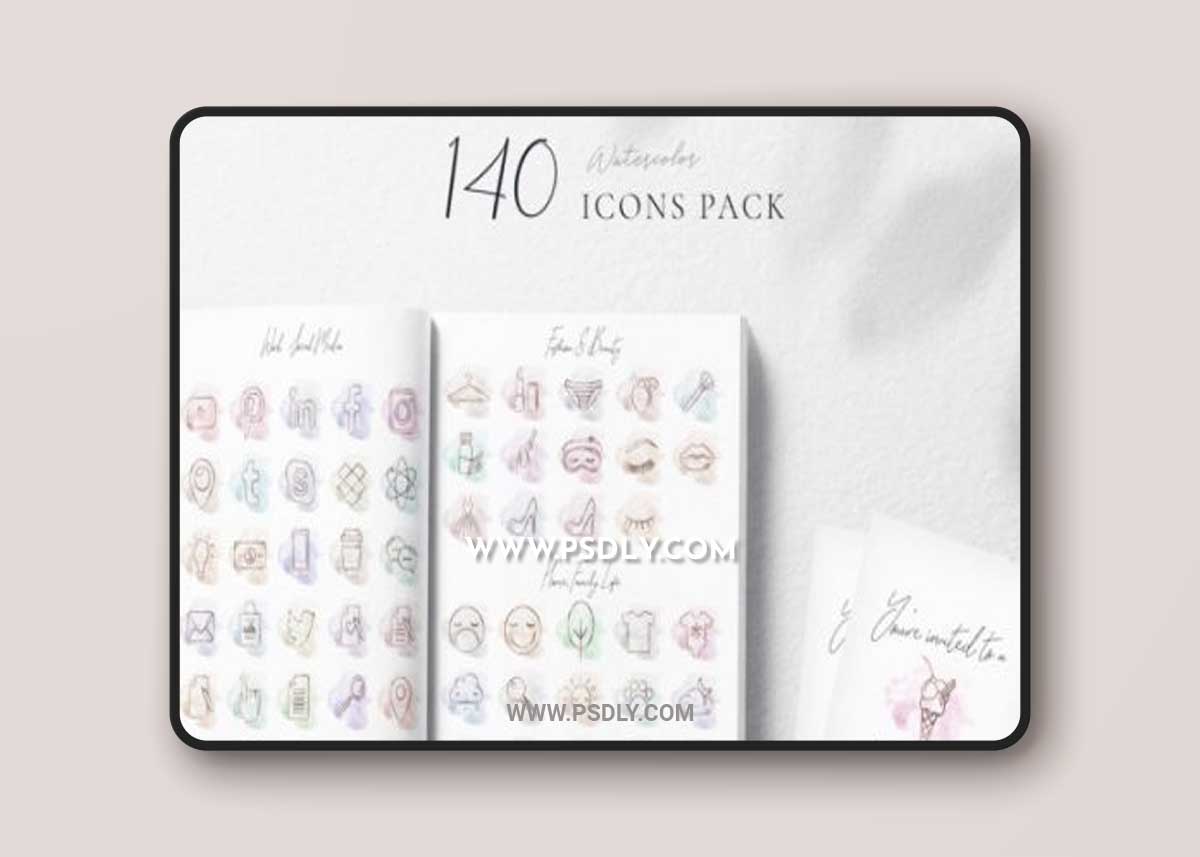 140 Watercolor Icons Pack