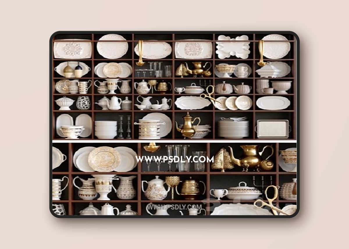 Wardrobe in service. Crockery, porcelain, tray, teapot, gold, kitchen utensils
