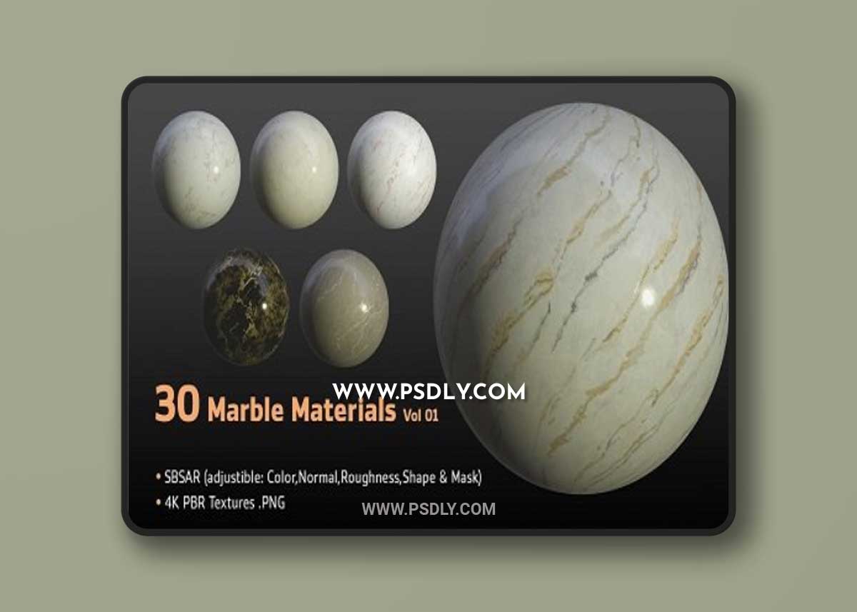 30 Marble Materials (SBSAR, 4K PBR Texture) Vol 01 3D Model