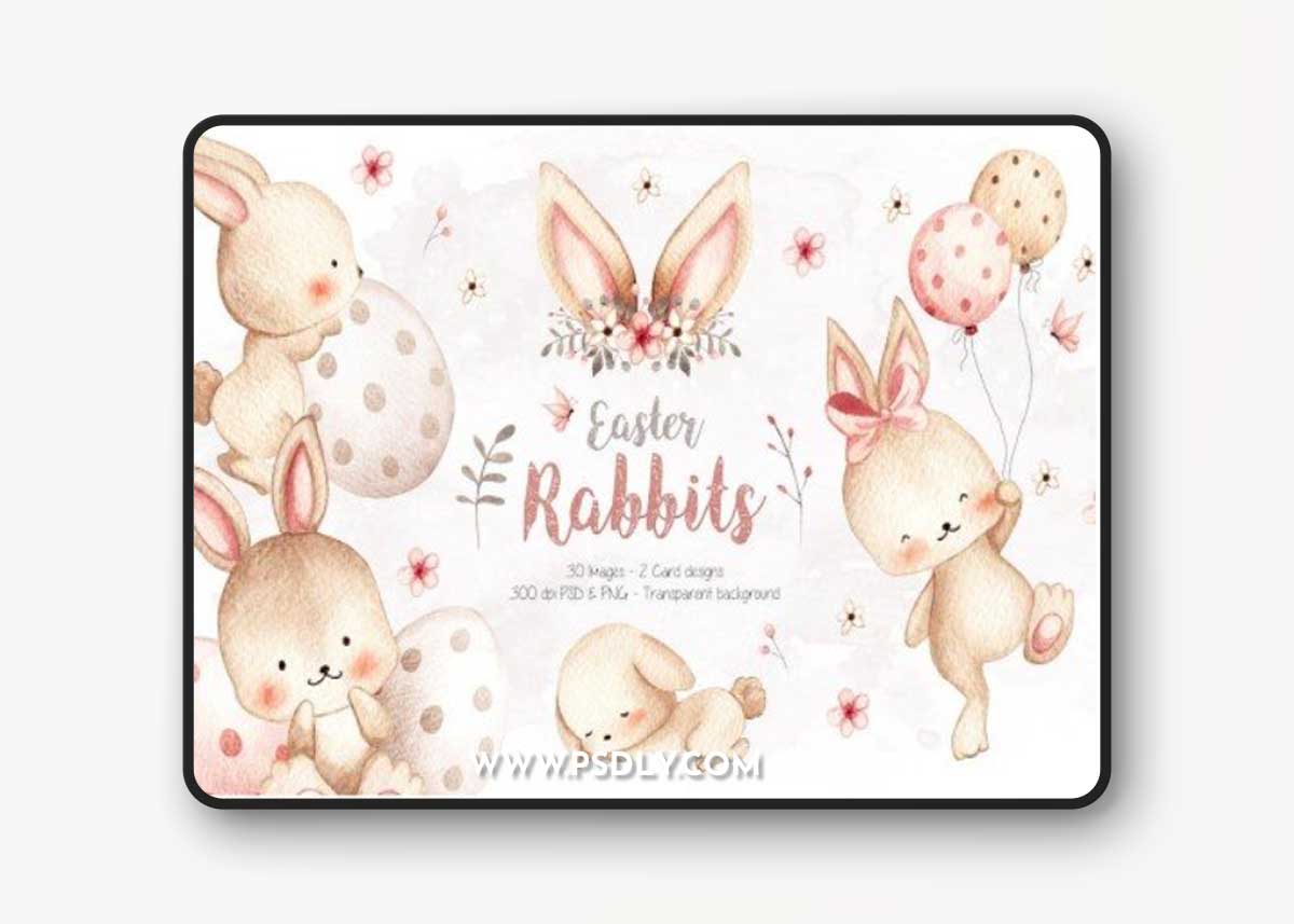 Watercolor Illustration Easter Rabbits and Element