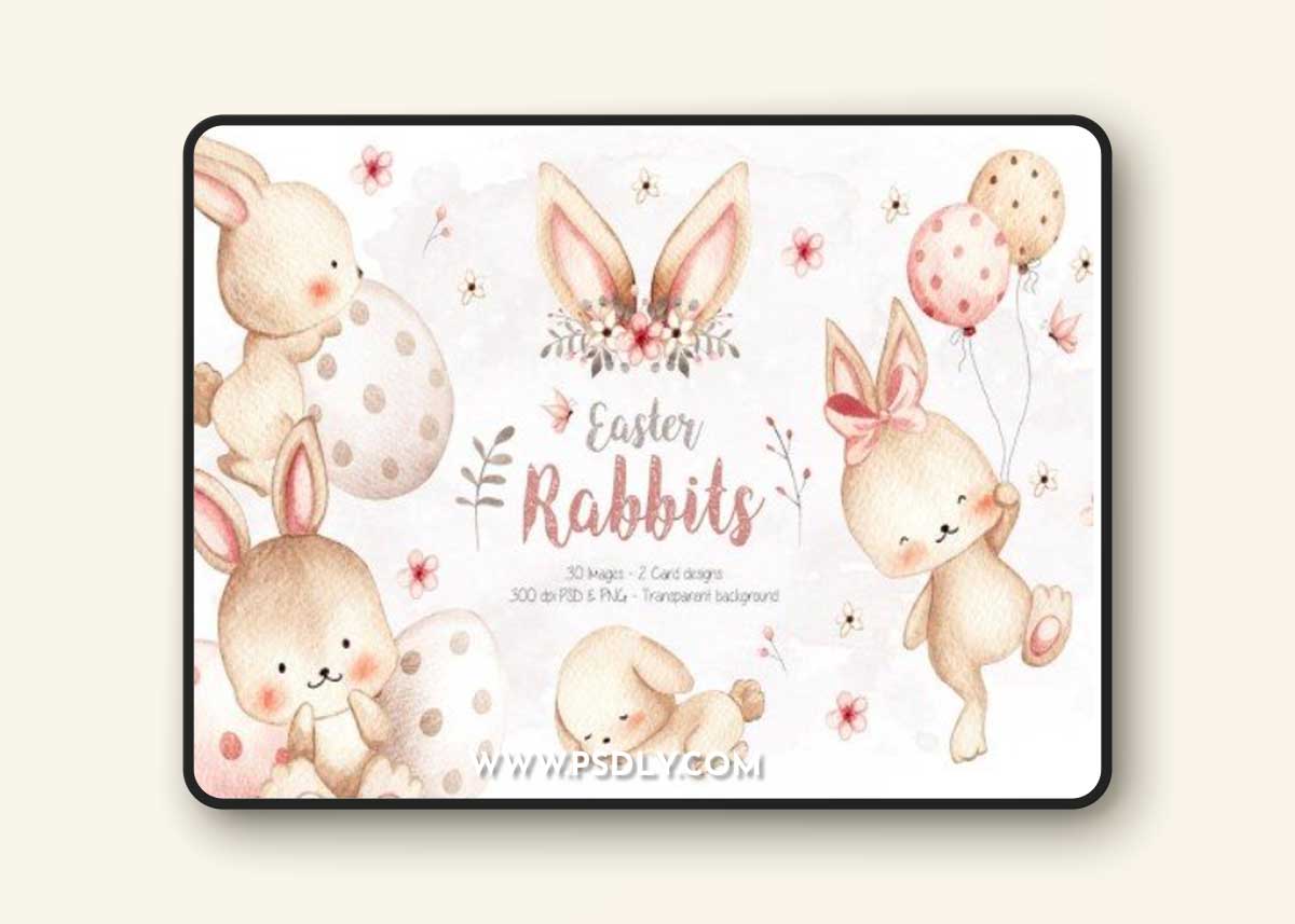 Watercolor Illustration Easter Rabbits and Element