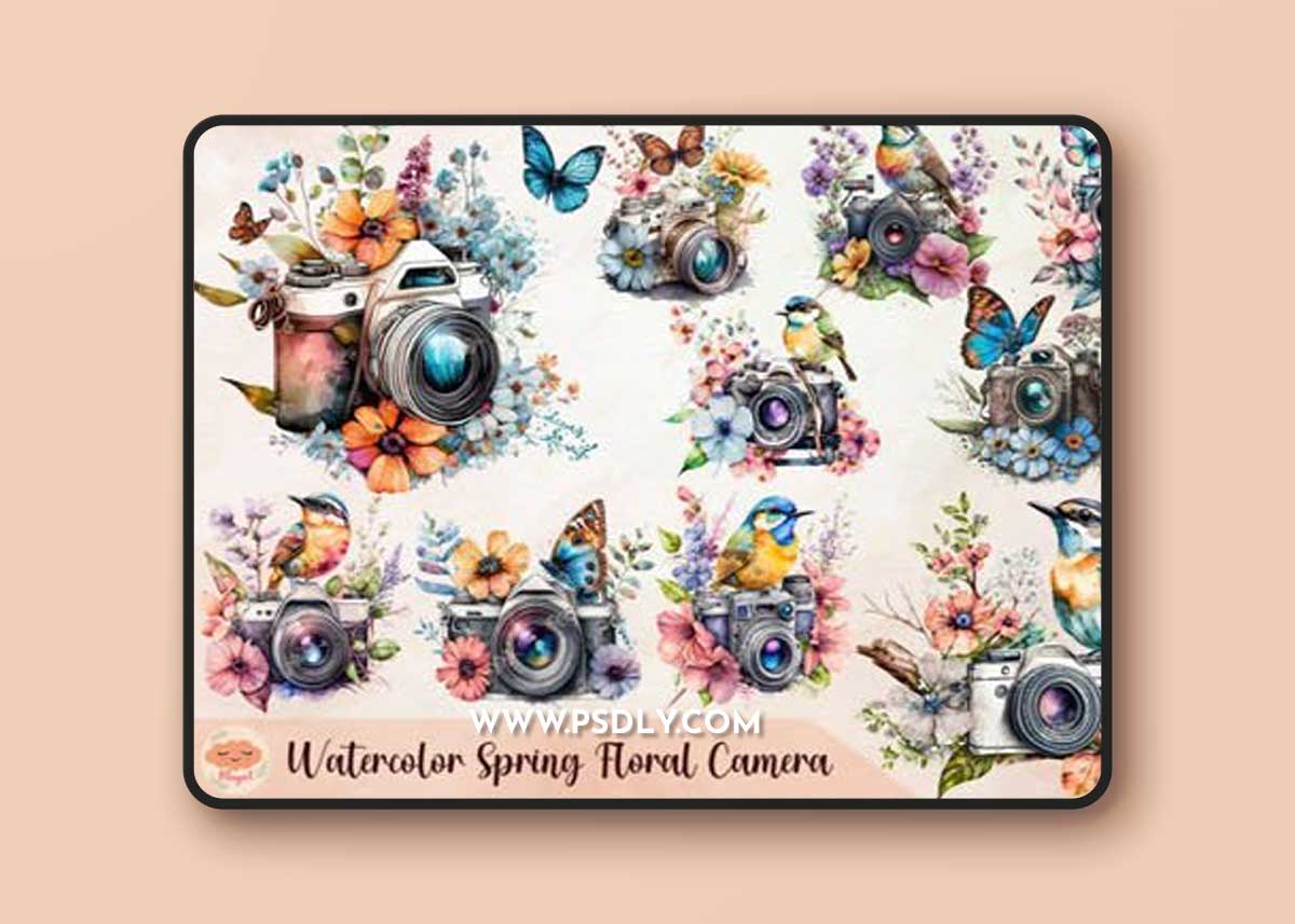 Spring Bundle - Watercolor Floral Camera PNG Clipart