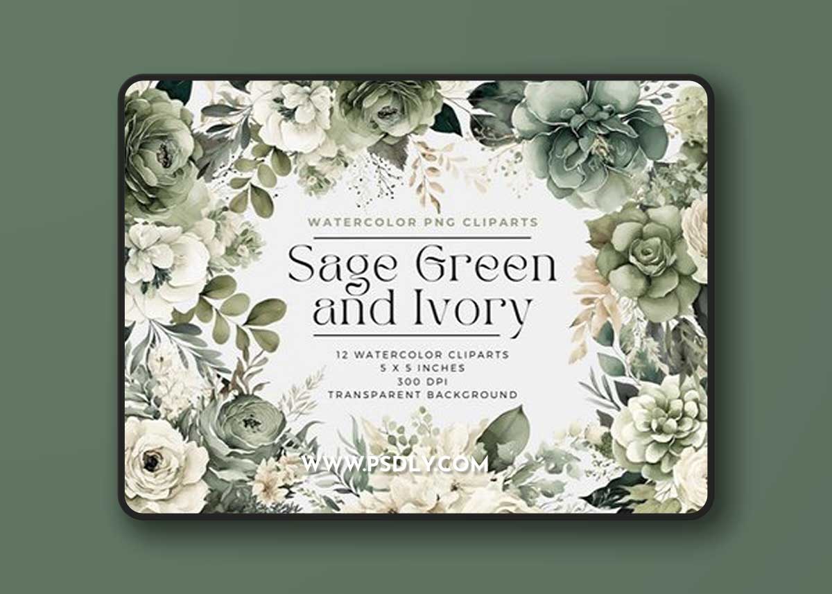 Watercolors Sage Green & Ivory Flowers PNG Collection