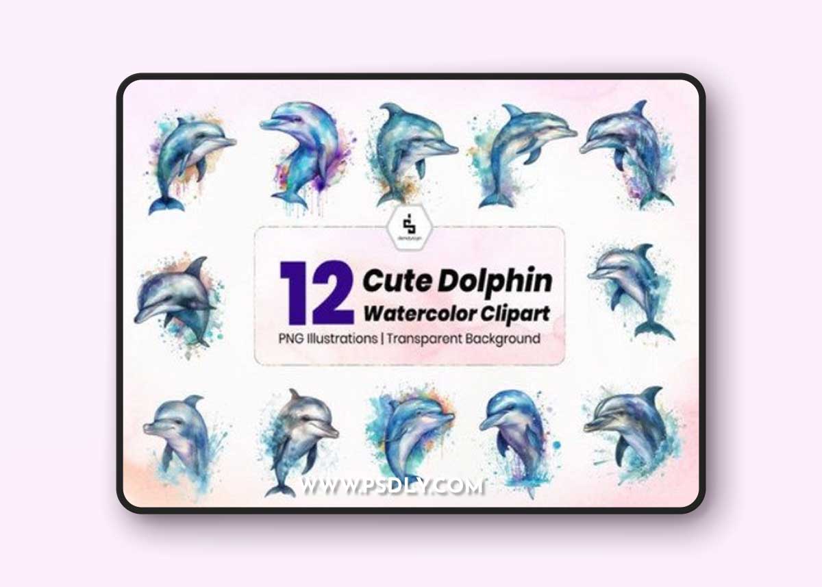 Cute Dolphin Watercolor Clipart Bundle