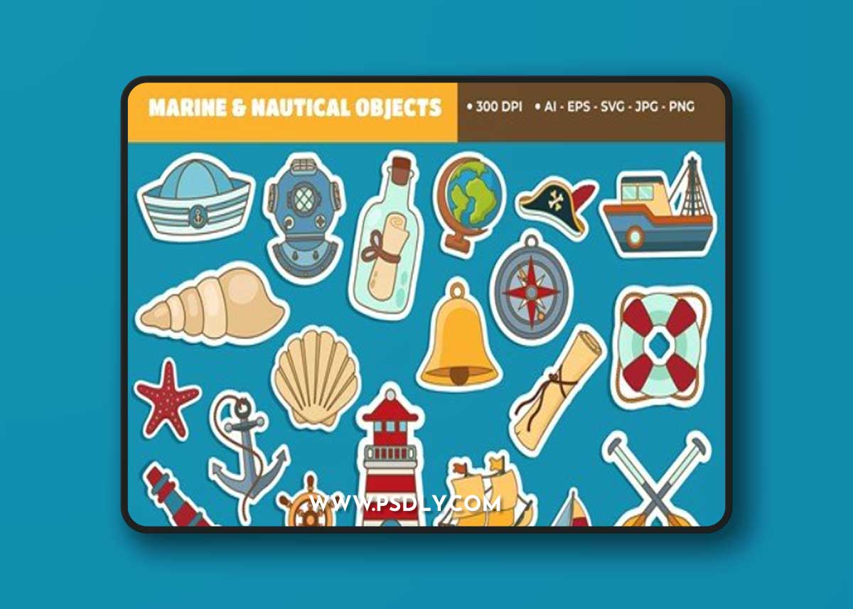 Marine and Nautical Objects Cute Sticker Set MC4P8W3