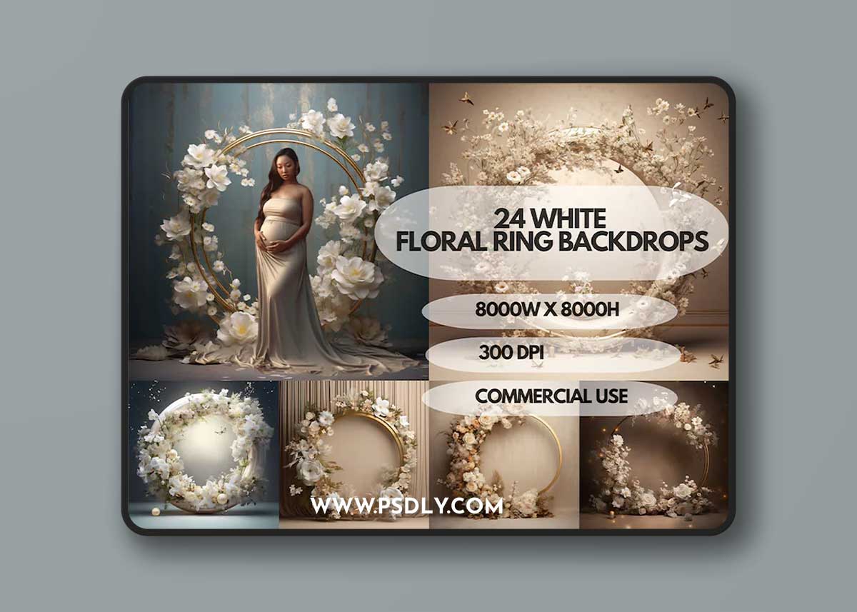 24x White Floral Ring Digital Backdrops