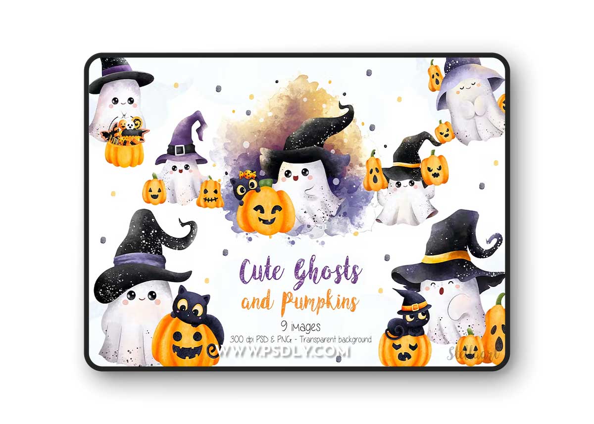 Little Ghosts with Pumpkins and Black Cat Clipart PFDDYHF
