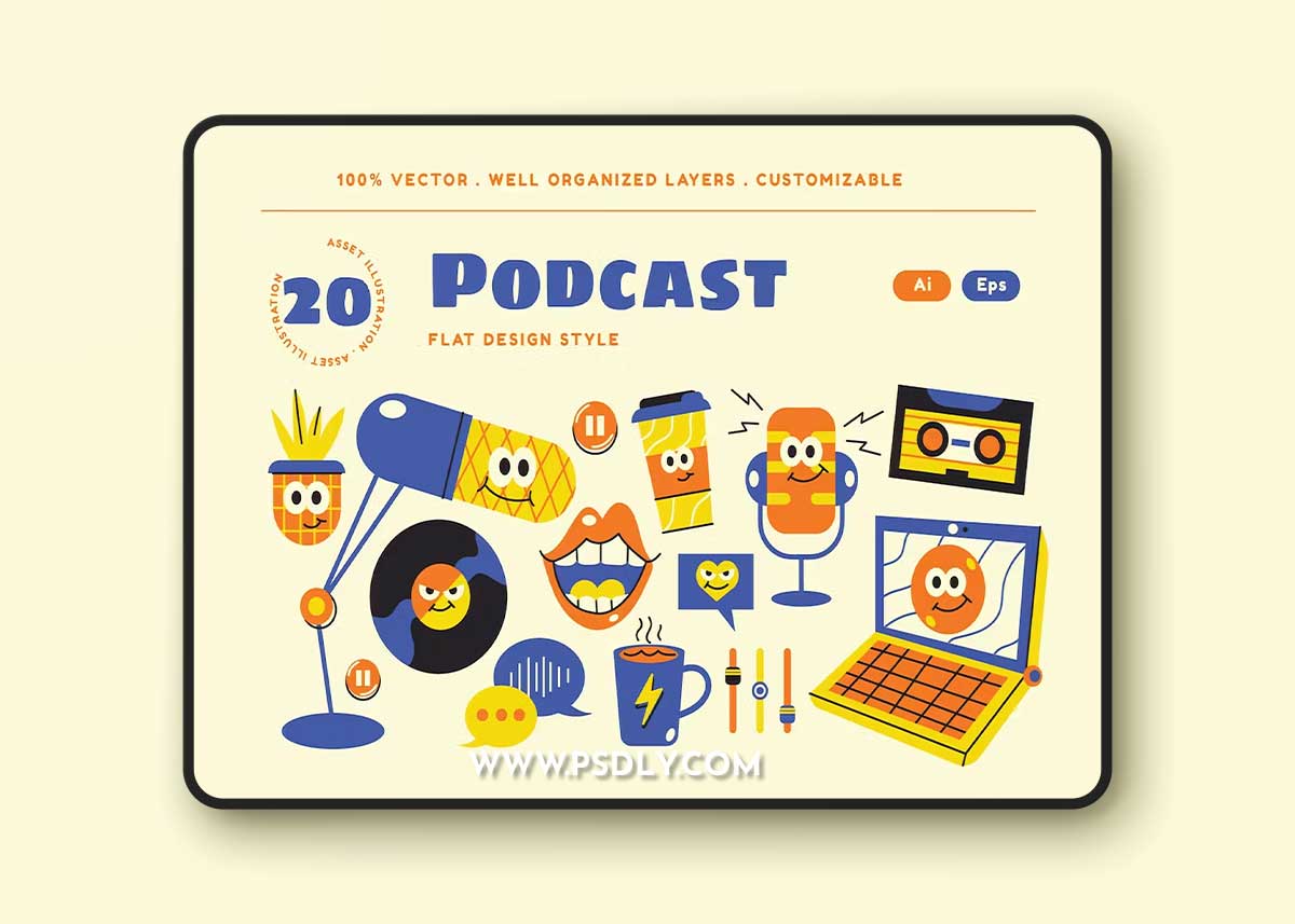 Cream Flat Design Podcast Illustration Set W42G3RD