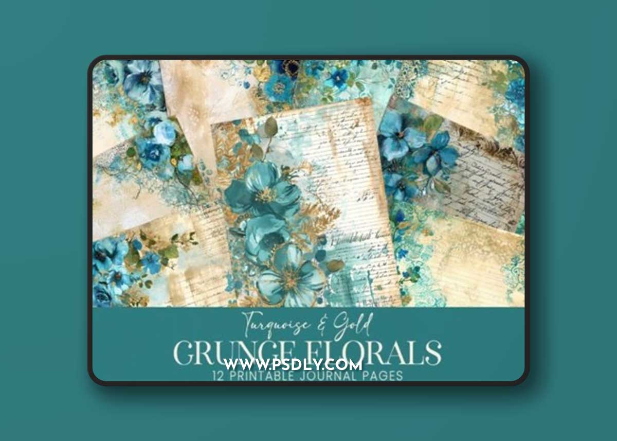 Turquoise Grunge Watercolor Floral Pages 88361096