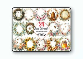 Watercolor Bees Wreath Clipart Pack