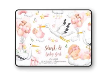 Stork and Baby Girl Clipart