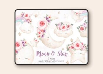 Vintage Moon Star and Cloud Clipart
